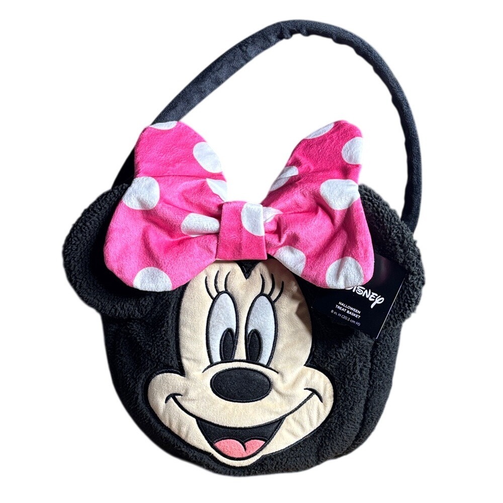 Disney Girls Minnie Mouse Halloween Bag Basket Black & Polka Dot Bow Plush NEW
